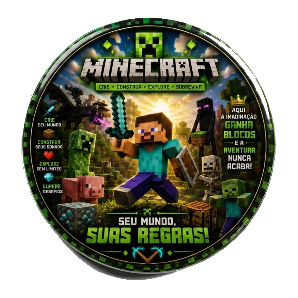 Mockup de botton de Minecraft — Seu Mundo, Suas Regras